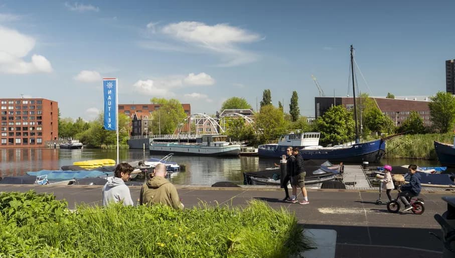 People sitting in the sun at Veemkade.