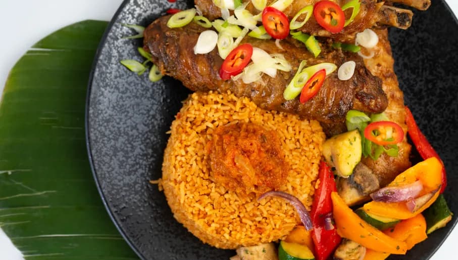 Rice and meat dish at Fresh Leaves Congolese African restaurant in Zuidoost