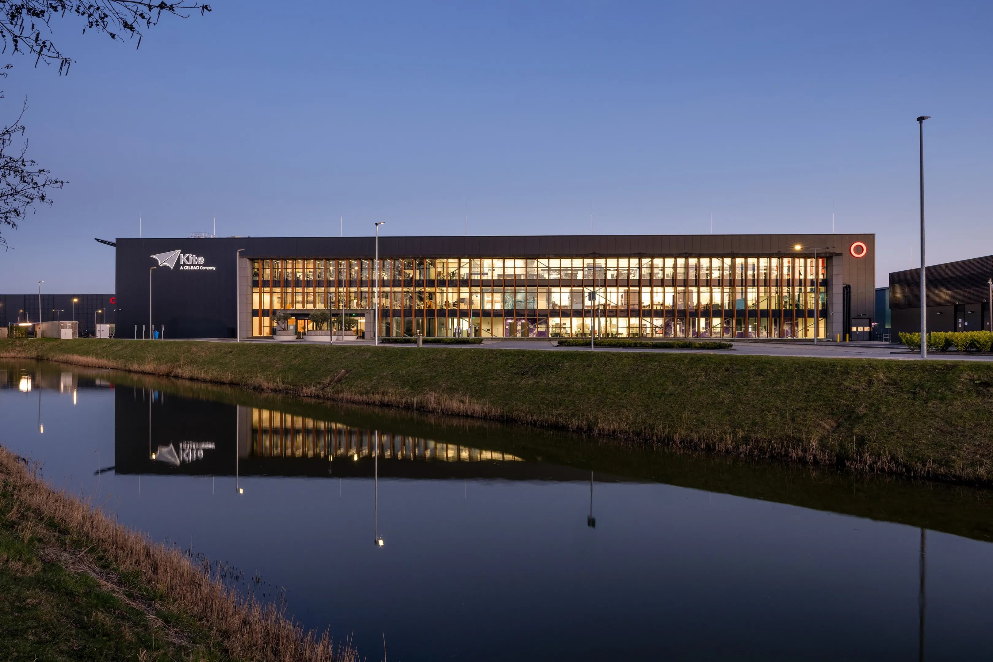 External view of Kite Pharma EU B.V. Amsterdam offices reflecting in the water