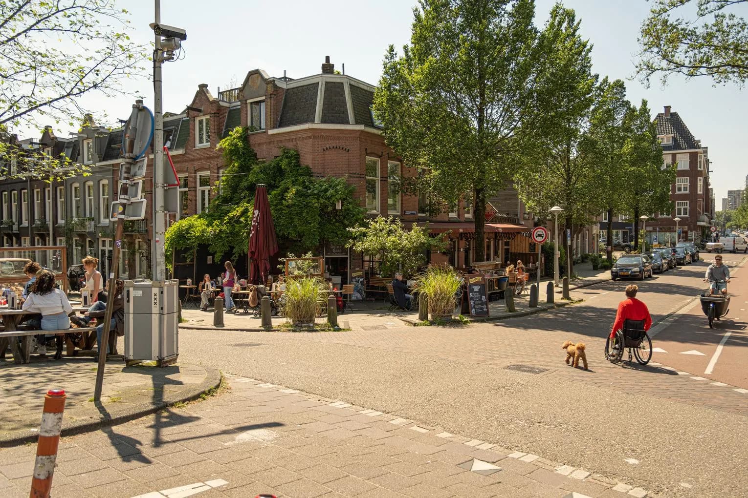 Cyclist and wheelchair user with dog crossing road towards restaurant terrace on Schinkelhavenstraat
