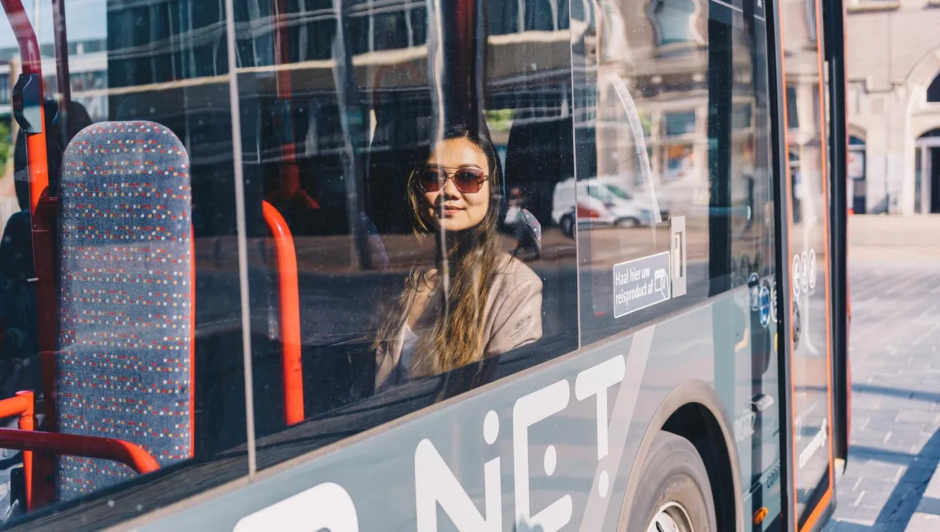 Woman in the bus near Haarlem Central Station.