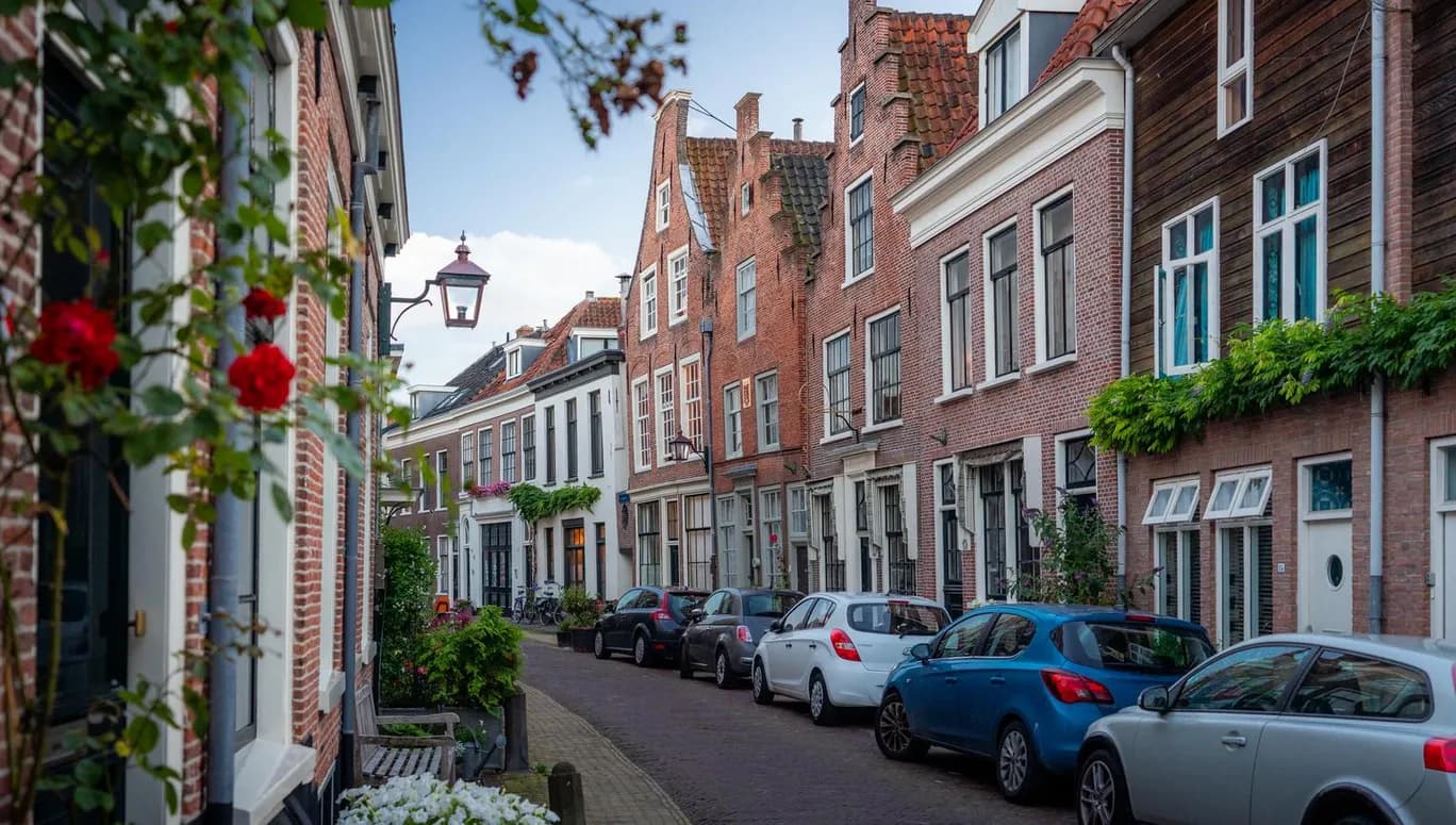 Authentic Haarlem street with parked cars and flowers on the walls.