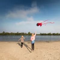 Kids flying a kite at the lake