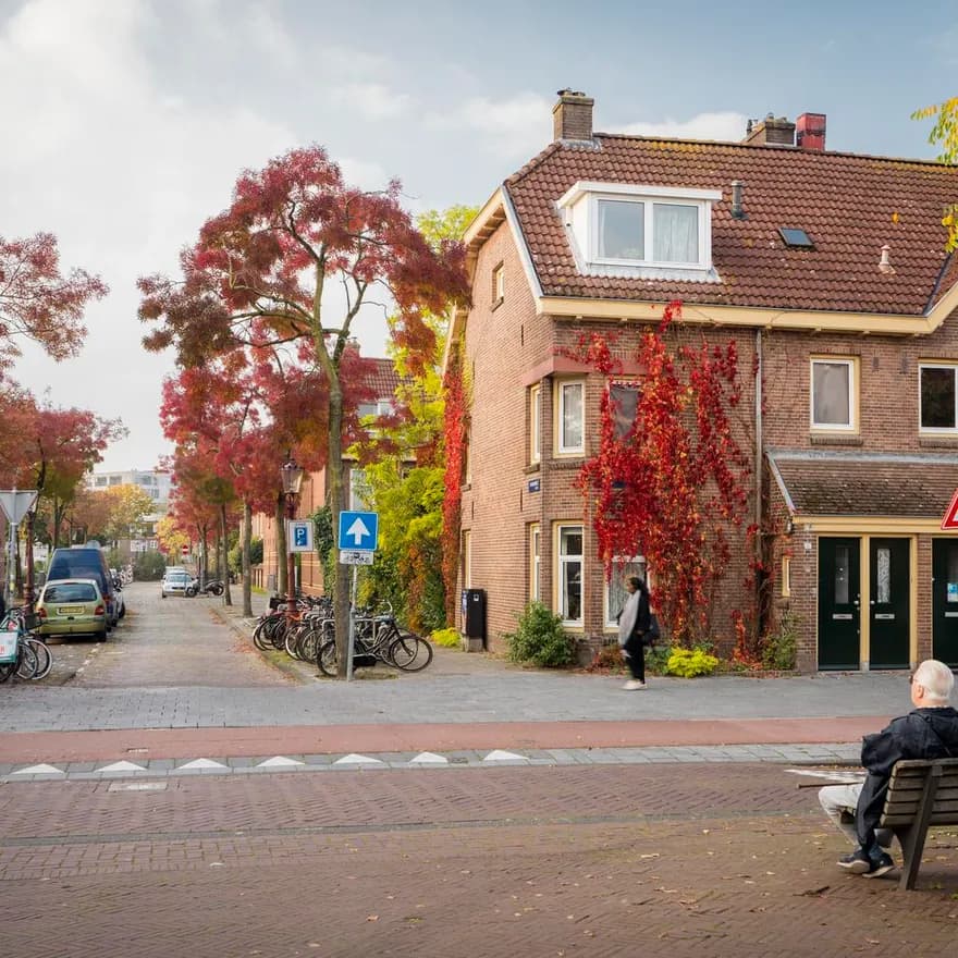 A person sits on a bench in the Van der Pek neigbourhood.