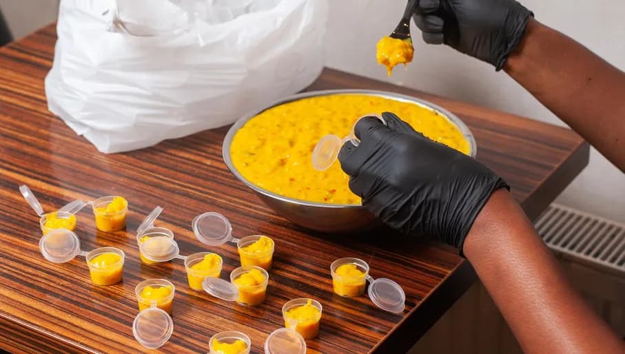 Chef portioning sambal spicy sauce at Ricardos roti shop Amsterdam