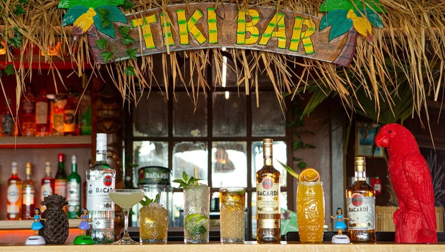 Aloha game center, Hawaii themed bar with tiki cocktails