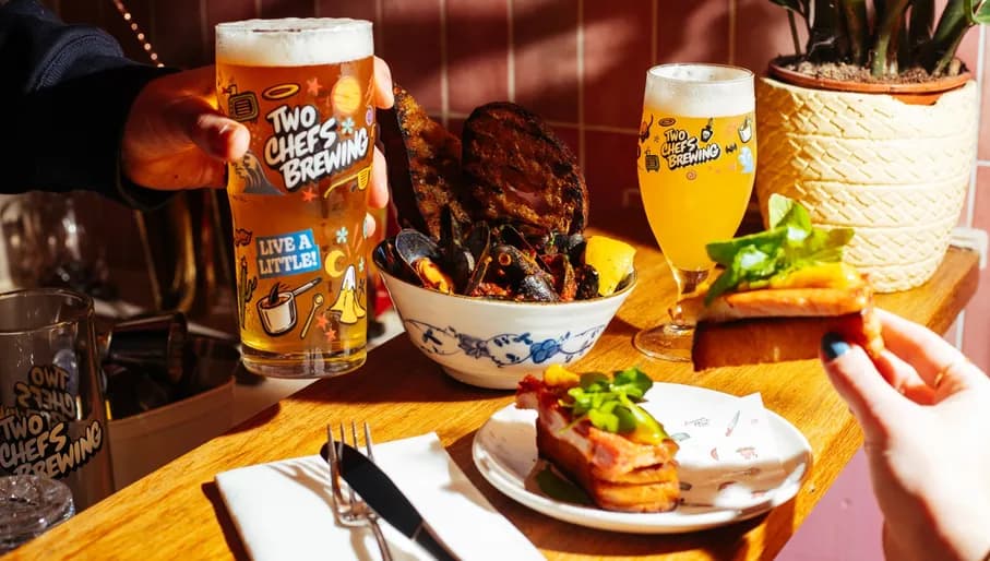 Two Chefs people enjoying beers & food