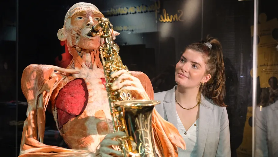 Girl posing in Body Worlds museum