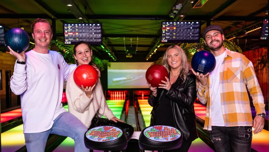 Aloha game center, group photo of bowling